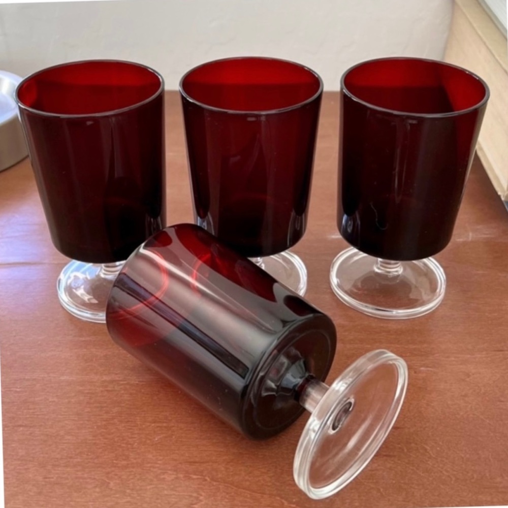 Vintage MCM Mid Century Modern Ruby Red Footed Glasses Made France